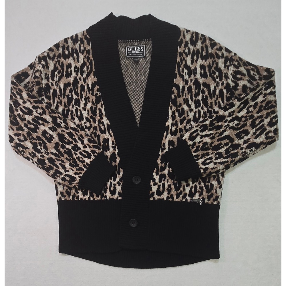 GUESS Leopard Print Knit Cardigan Sweater Black Trim Button Front‎